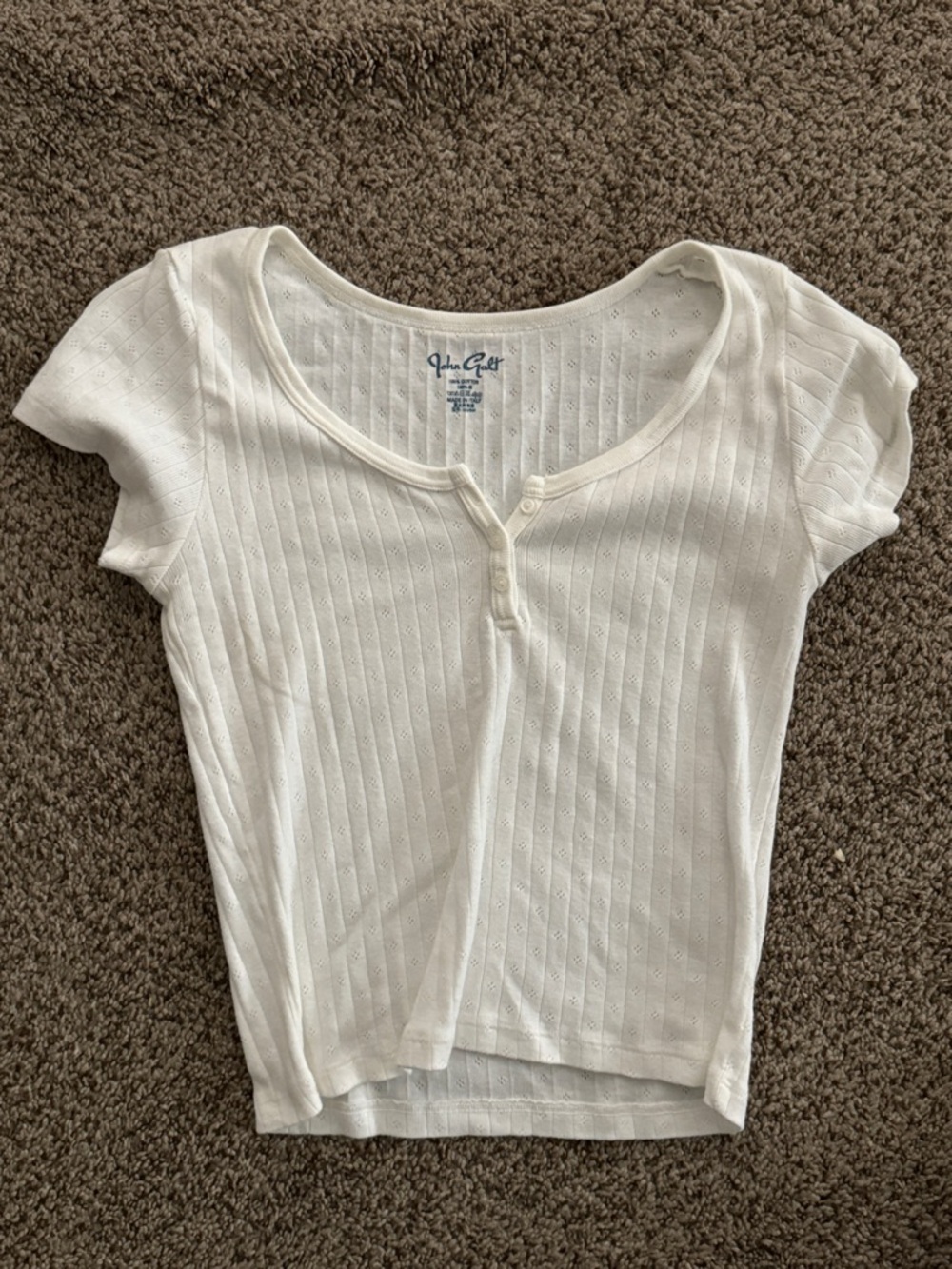 John Galt White Short Sleeve Detailed Ribbed Henley Top